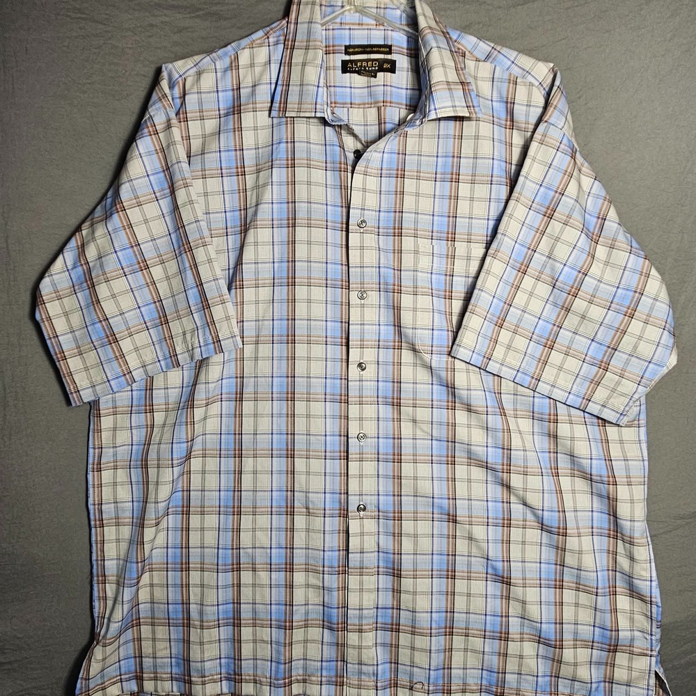 Alfred Sung Mens Plaid Short Sleeve Button Down Shirt 2X Blue Brown Non Iron